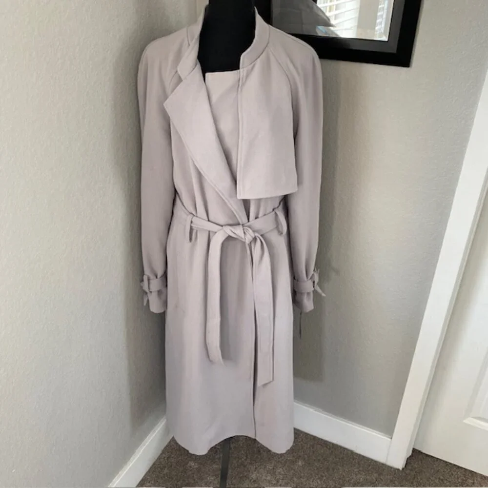 RACHEL ROY Luxe Crepe Trench Long Coat Gray Mist XL NWT